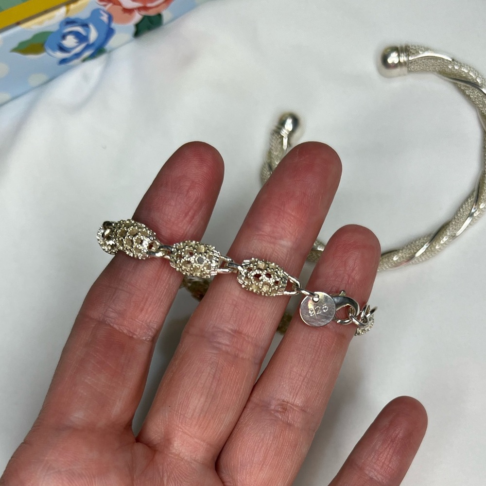 Textured 925 Silver Stackable Bangle Bracelets En… - image 6